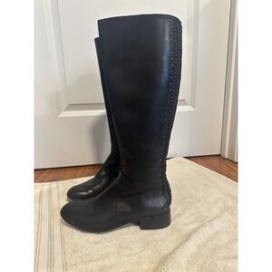 ANTONIO MELANI Black Boots Womens Sz 7 Knee High Woven Detail Studded Block Heel